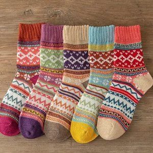 5 pr Warm & Colorful Womens Nordic Winter Wool Blend Sock Bundle